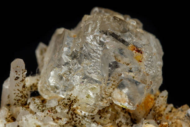 istock Macro mineral stone fluorite with quartz against black background 1059263022