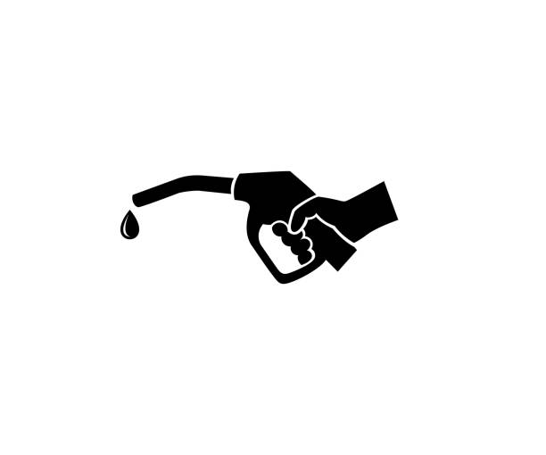 ręka posiada pistolet do tankowania i kroplę konstrukcji logo benzyny. konstrukcja wektora stacji benzynowej. ikona i podpisywanie stacji benzynowej - fuel pump gas station gasoline fossil fuel stock illustrations