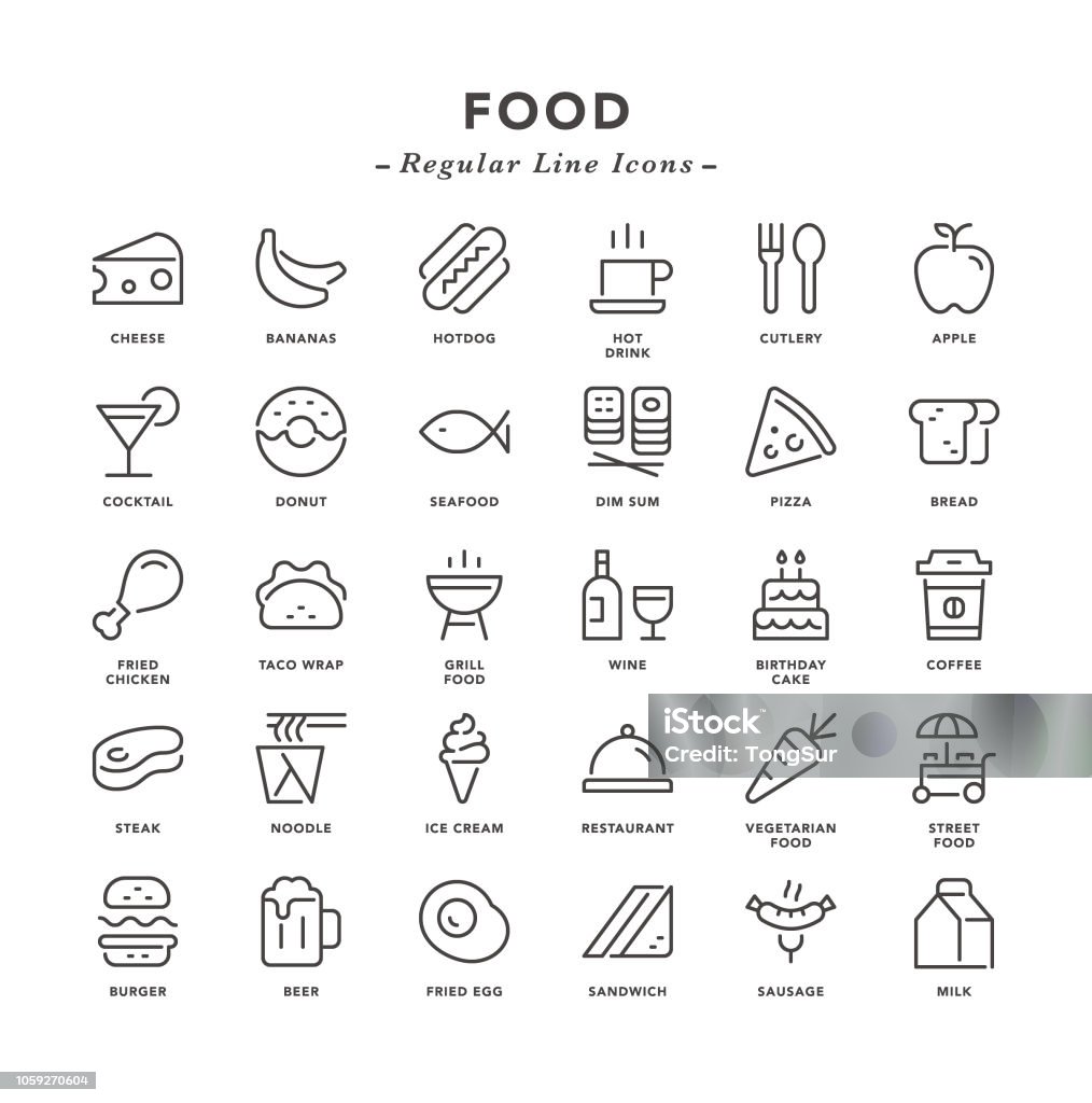 Food - Regular Line Icons Food - Regular Line Icons - Vector EPS 10 File, Pixel Perfect 30 Icons. Icon Symbol stock vector