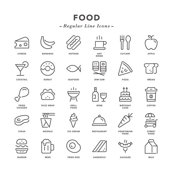 Food - Regular Line Icons Food - Regular Line Icons - Vector EPS 10 File, Pixel Perfect 30 Icons. steak and eggs breakfast stock illustrations