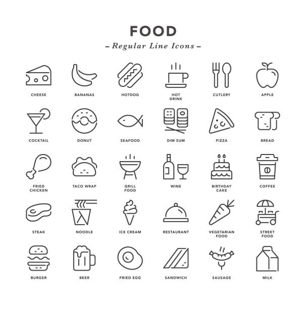 Food - Regular Line Icons Food - Regular Line Icons - Vector EPS 10 File, Pixel Perfect 30 Icons. chicken fried steak stock illustrations