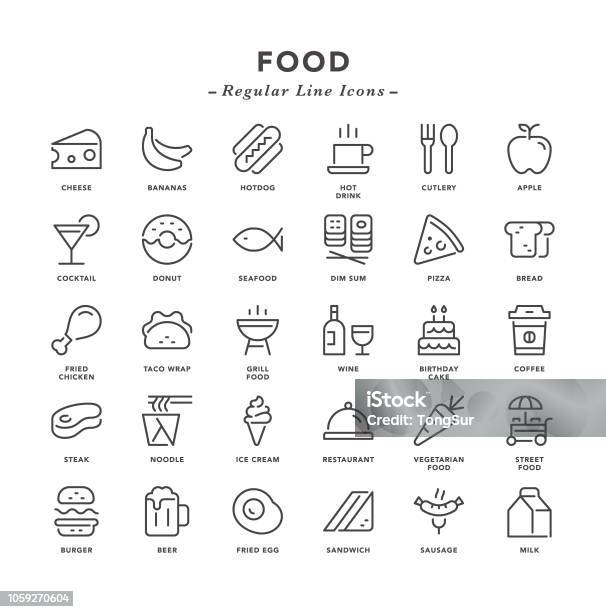 Food Regular Line Icons Stock Illustration - Download Image Now - Icon Symbol, Cheese, Lunch