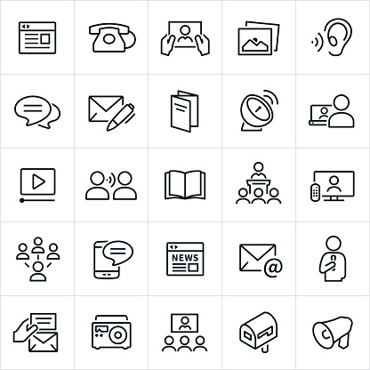 A set of communication icons. The icons include a website, telephone, tablet pc, picture, ear, blog, chat, letter, brochure, satellite dish, laptop, computer, video, word of mouth, book, magazine, lecture, presentation, television, social media, SMS, texting, smartphone, online news, email, speaker, invitation, radio, video conference, direct mail and bullhorn.