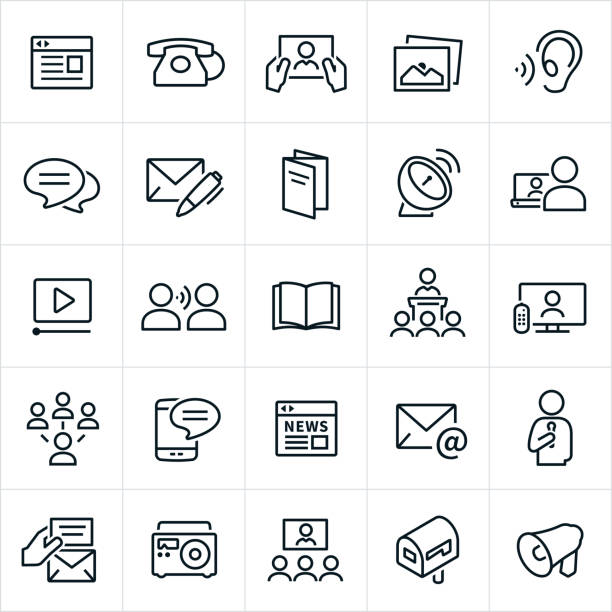 Communication Methods Icons A set of communication icons. The icons include a website, telephone, tablet pc, picture, ear, blog, chat, letter, brochure, satellite dish, laptop, computer, video, word of mouth, book, magazine, lecture, presentation, television, social media, SMS, texting, smartphone, online news, email, speaker, invitation, radio, video conference, direct mail and bullhorn. speech photos stock illustrations