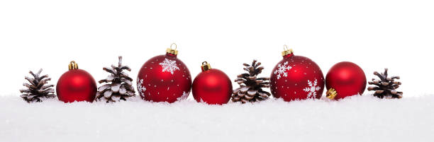 istock Red baubles and pine cones isolated on snow 1059277938