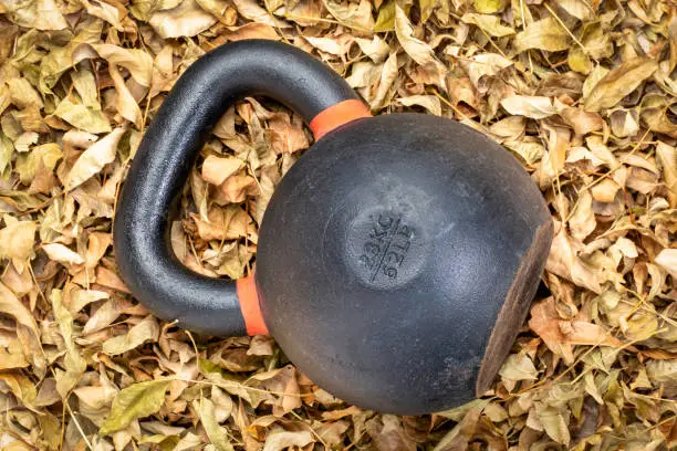 heavy iron kettlebell - top view against dry leaves background