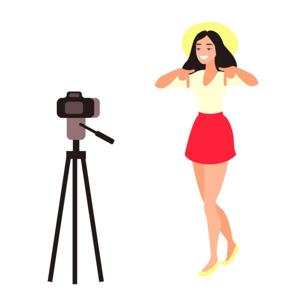 Teen video blogger. Fashion blogger showing new trends. Young girl recording video tutorial for Internet. Teen video blogger. Fashion blogger showing new trends. Young girl recording video tutorial for Internet background studio water stock illustrations
