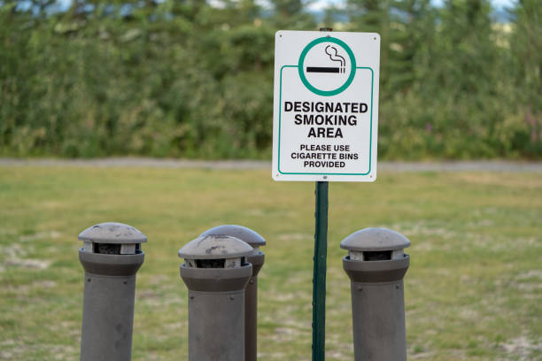 istock Sign for a designated smoking area with cigarette bins ashtrays 1059288068