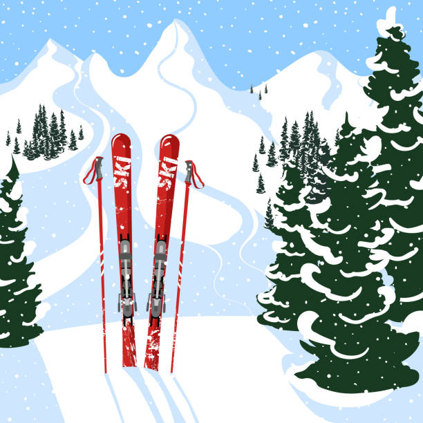 Mountain view and skis in the foreground. Winter outdoor holiday activity sport in alps, landscape with mountain view and forest. Flat style Mountain view and skis in the foreground. Winter outdoor holiday activity sport in alps, landscape with mountain view and forest. Flat style. snow skiing stock illustrations