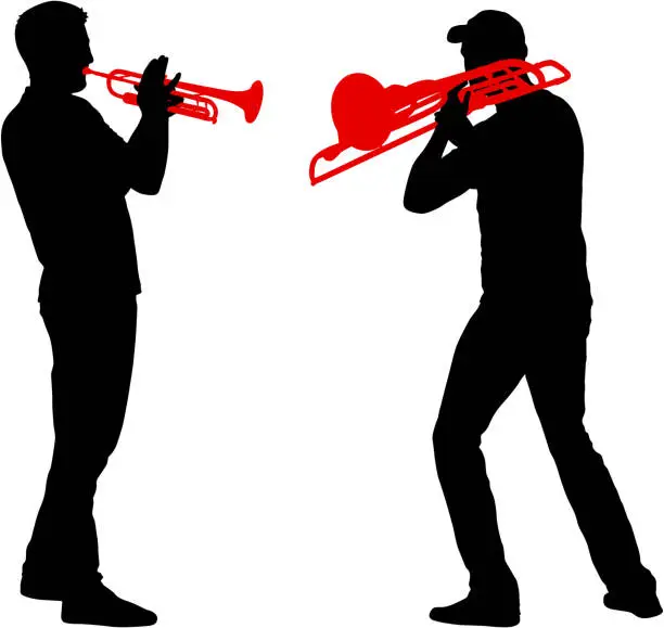 Vector illustration of Silhouette of musician playing the trombone and trumpet on a white background
