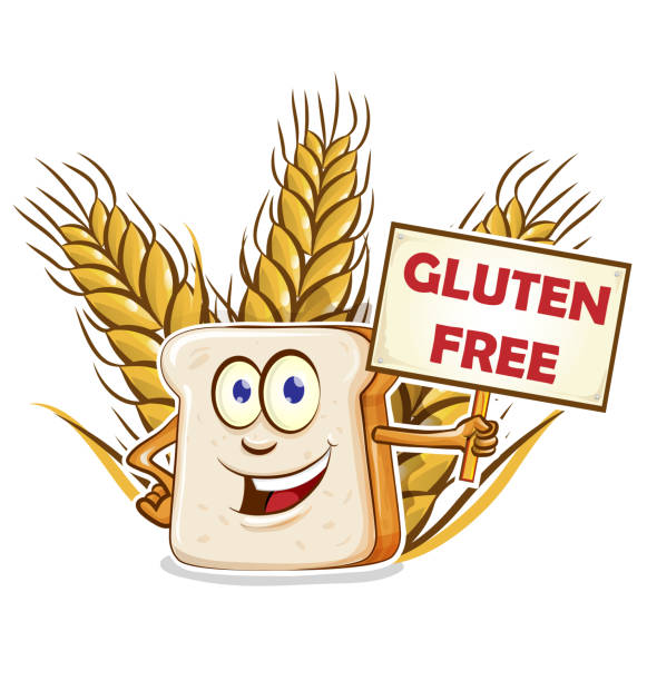 bread cartoon with gluten free signboard bread cartoon mascot with gluten free signboard drug cartel stock illustrations