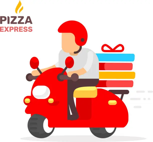 Vector illustration of Vector creative color illustration of man is riding a red motorcycle on white background. Express delivery of pizza, mail, parcel.