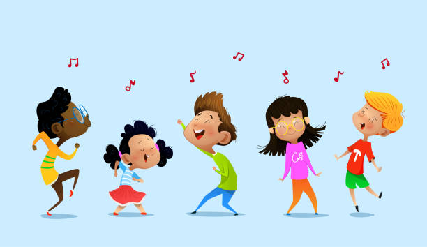 Dancing cartoon children. Dancing cartoon children. Vector illustrations Isolated on blue background childhood illustrations stock illustrations