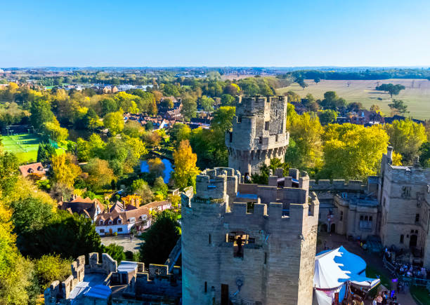 Warwick, Warwickshire, United Kingdom - October 21, 2018: Aerial view of Warwick Castle - Caesar's Tower in Warwick