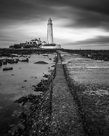 St. Mary's Lighthouse  just north of Whitley Bay on the Northumbrian coast. The small rocky tidal island is linked to the mainland by a short concrete causeway which is submerged at high tide.