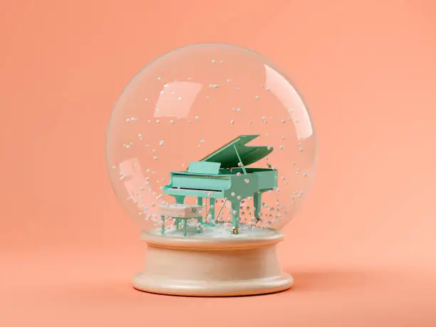 Snow globe with piano on a pink background 3 D illustration