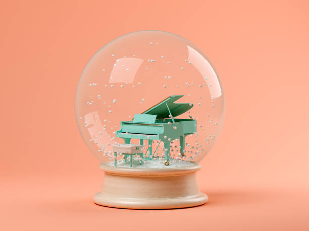 snow globe with piano on a pink background 3d illustration - xmas toys snowflake imagens e fotografias de stock