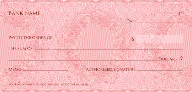 Check, Cheque (Chequebook template). Guilloche pattern Abstract floral watermark, border. Red background for banknote, money design,currency, bank note, Voucher, Gift certificate, Money coupon tax borders stock illustrations