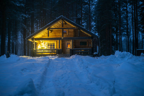 wooden cottage log cabin. paneled beams with white stripes and windows. carved ornaments with waves. the knots were highlighted with a brown stain. the beams fit together like building blocks