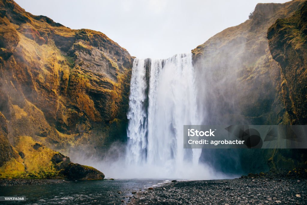 Skogafoss waterfall in Iceland in autumn Nature Stock Photo