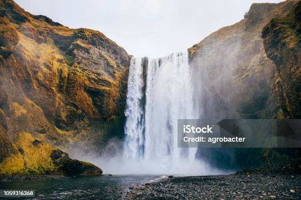 Skogafoss Waterfall In Iceland In Autumn Stock Photo - Download Image Now - Nature, Eyesight, Mountain