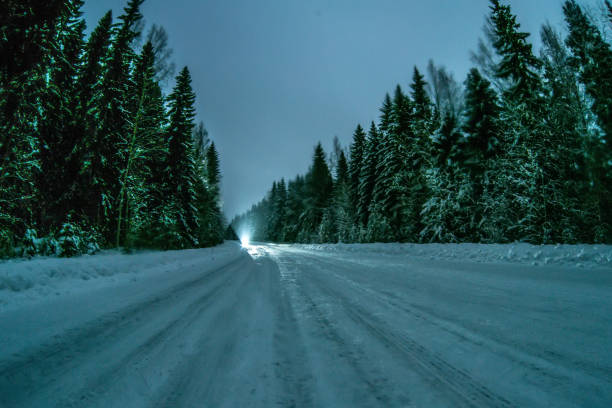 istock Car lights in winter forest 1059316482