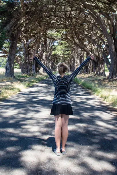 Caucasian female raises arms up at the Cypress Tree Tunnel on Point Reyes National Seashore in Marin County, San Francisco in Northern California