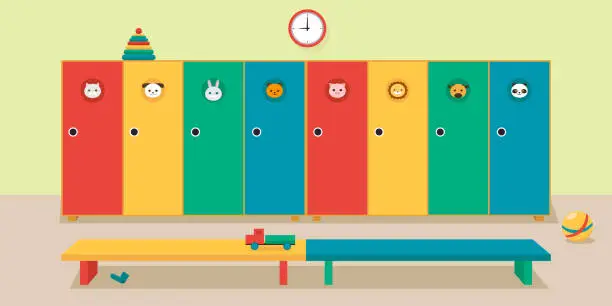 Vector illustration of Interior locker room in kindergarten, vector illustration.