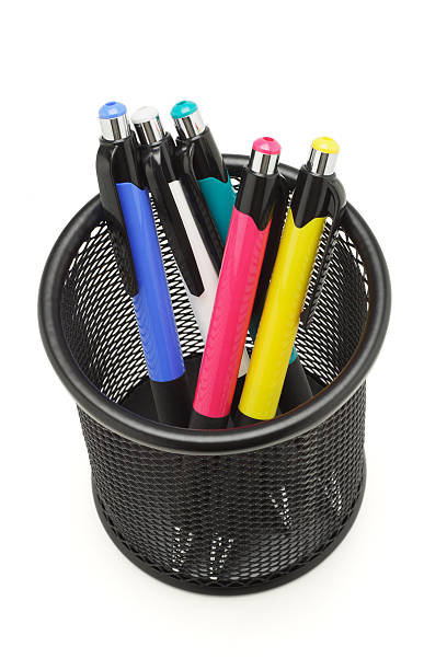 istock Colorful ball point pens in black container 105932953