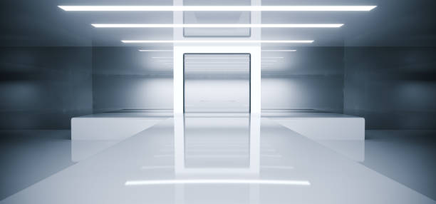 istock Futuristic Modern Empty Sci Fi Reflective Room With White Led Lights And Stage Arena Background Spaceship Concept Glowing White Rectangle Light 3D Rendering 1059331016