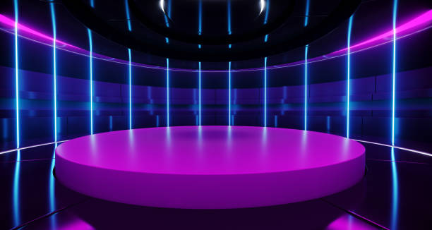 istock Modern Alien Futuristic Sci Fi Retro Round Empty Stage Hi-Tech Room With Purple And Blue Neon Light Tubes Glowing Presenting Concept Technology 3D Rendering 1059331120