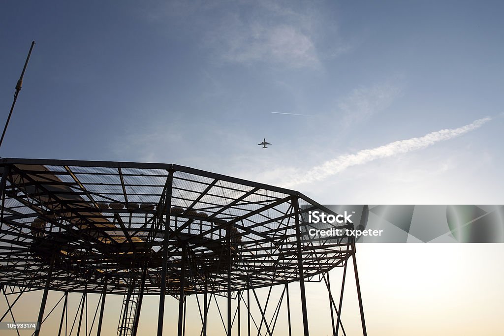 airport safety radar, localizer during sun down airplane safety beam for take off and landing Airplane Stock Photo