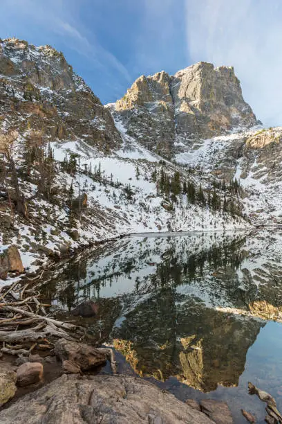 Fresh snow on Hallett Peak reflected in Emerald Lake in Rocky Mountain National Park.