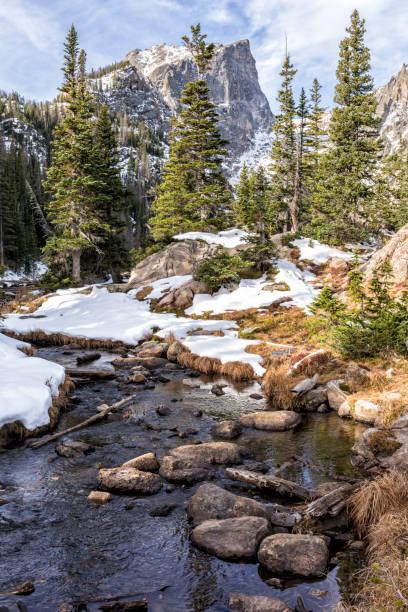 Tyndall Creek Fresh Snow Fresh snow on Hallett Peak reflected inTyndall Creek near the Dream Lake outlet in Rocky Mountain National Park. hallett peak stock pictures, royalty-free photos & images