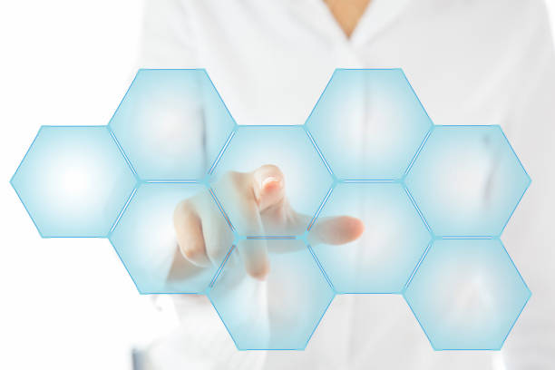 istock businesswoman making decision in business by pushing on one hexagonal button. 1059336066