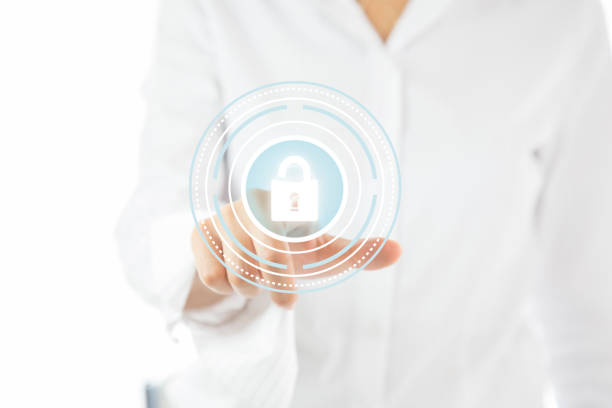 Shield with keyhole security business concept teamwork icon virtual hexagon screen. stock photo
