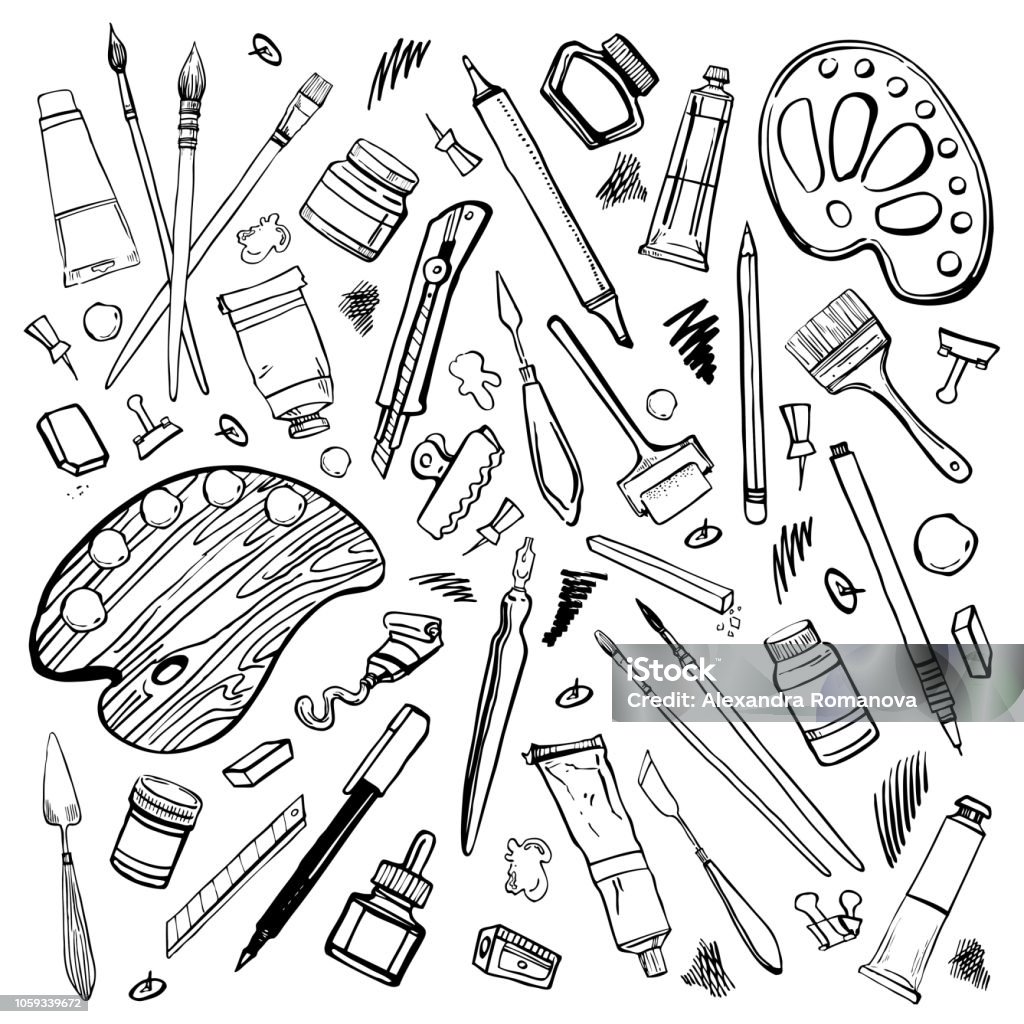 Drawing Tools Set Of Hand Drawn Sketch Vector Artist Materials Black And  White Stylized Illustration Isolated On White Background Pens Notebooks  Rulers Compass Stock Illustration - Download Image Now - iStock, drawing