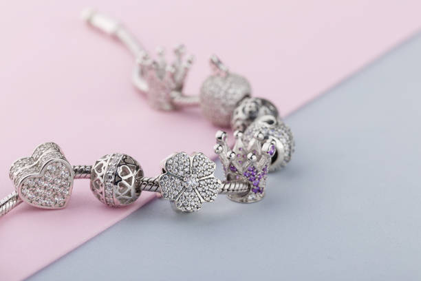 istock Bracelet with silver charm beads with gems 1059339868