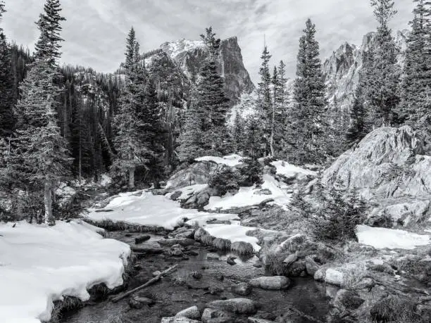 Fresh snow on Hallett Peak reflected inTyndall Creek near the Dream Lake outlet in Rocky Mountain National Park.
