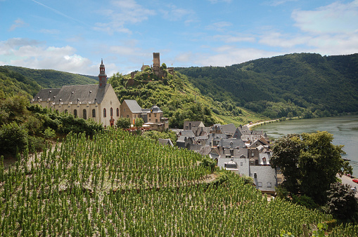 Drone panorama over St. Goar and St. Goarshausen during sunrise in summer