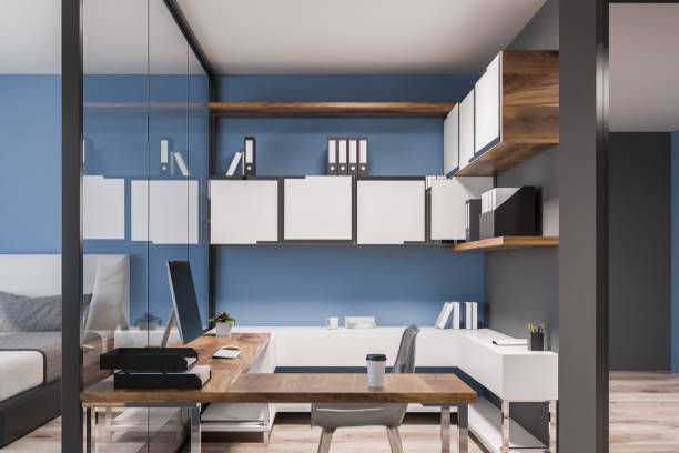 istock Home office in blue bedroom, front view 1059347442