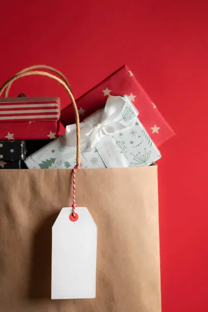 Classic brown paper bag with a blank tag hanging, full of different colored gifts.