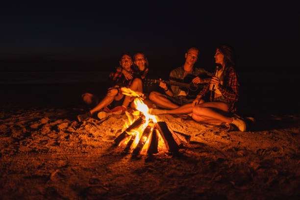 istock young friends have picnic with bonfire on the beach 1059359544