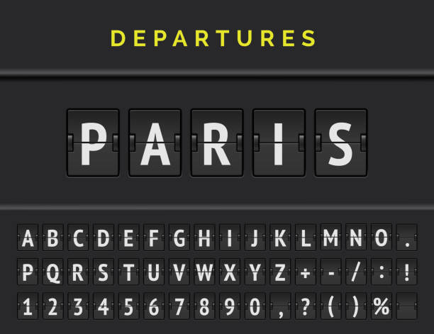 flug flip board schriftart zeigt flughafen abflug ziel in europa paris. vektor-illustration - arrival stock-grafiken, -clipart, -cartoons und -symbole