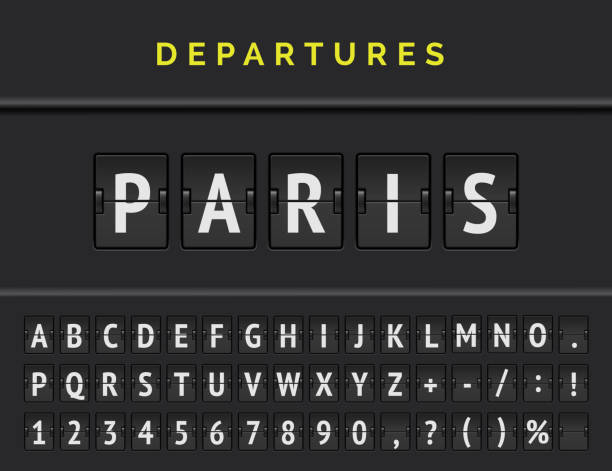 비행 플립 보드 글꼴 유럽 파리 공항 출발 목적지를 표시합니다. 벡터 일러스트 레이 션 - airport sign stock illustrations