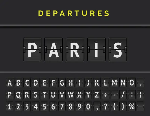 Vector illustration of Flight flip board font displays airport departure destination in Europe Paris. Vector illustration