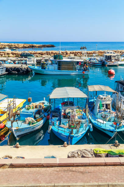 View of boats in port in Protaras, Cyprus stock photo