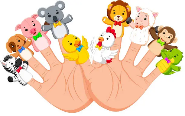 Vector illustration of hand wearing 10 finger animal puppet that are really funny