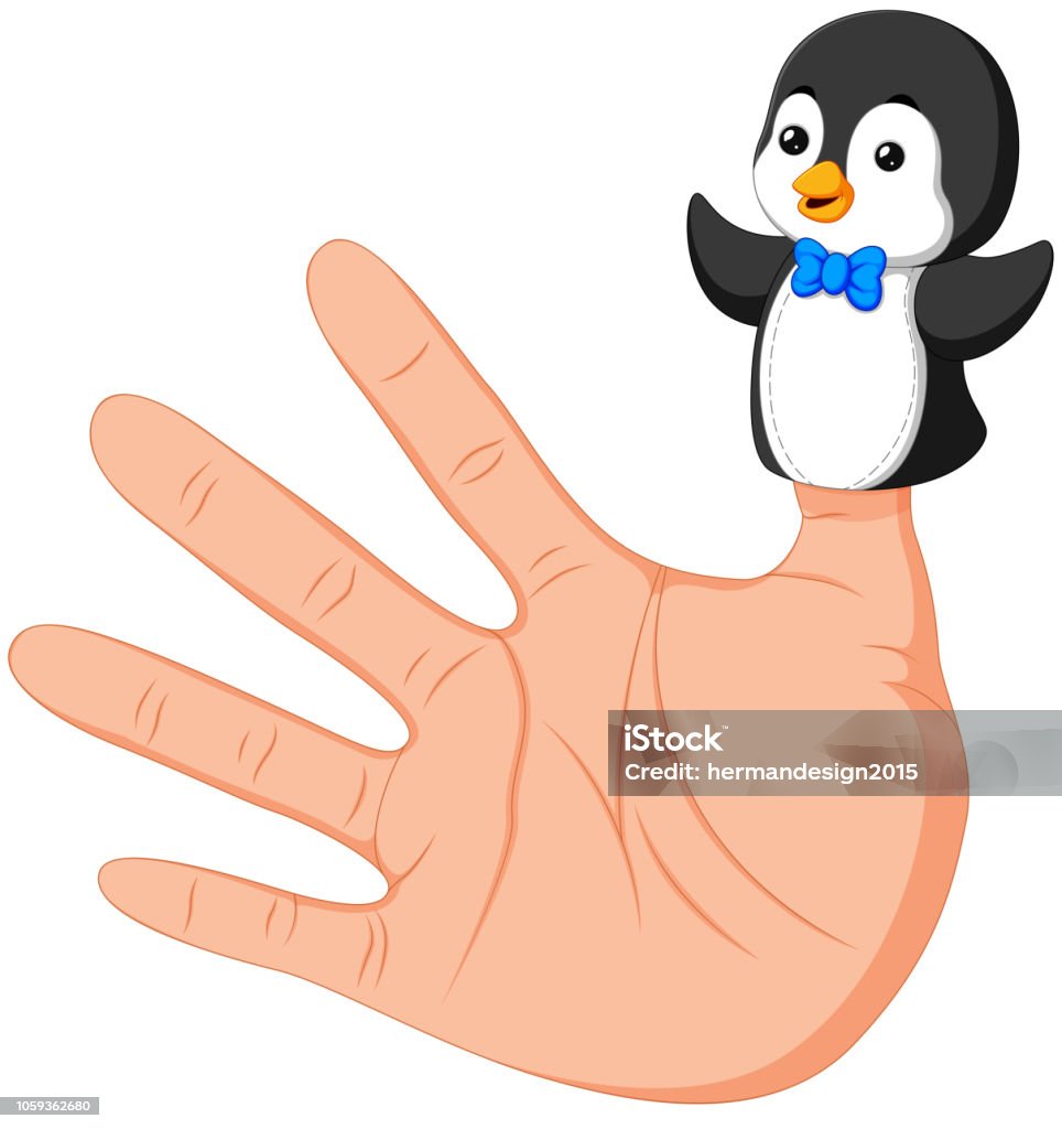 hand wearing a cute penguin finger puppet on thumb illustration of hand wearing a cute penguin finger puppet on thumb Appearance stock vector