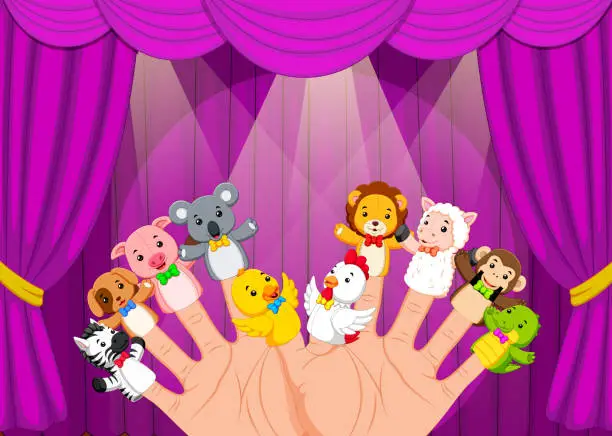 Vector illustration of Hand Wearing 10 Finger Puppets in the stage